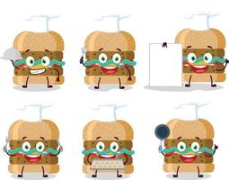 desenho animado personagem do Hamburger com vários chefe de cozinha emoticons vetor