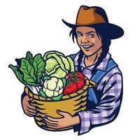 feliz mulher agricultor aguarde uma balde cheio do legumes colheita vetor