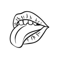 contorno do lábios dentro retro pop arte estilo. boca com língua e dentes . vetor contorno ilustração.