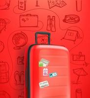 banner vertical com bolsa de viagem vermelha em fundo vermelho vetor