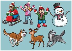 desenho animado conjunto do crianças dentro inverno atividade vetor