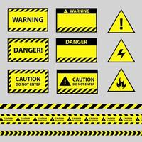 aviso, Cuidado Perigo placa e fita, Preto amarelo listras barricada fita e placa vetor