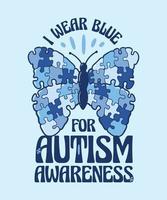 Eu vestem azul para autismo consciência enigma borboleta camiseta vetor