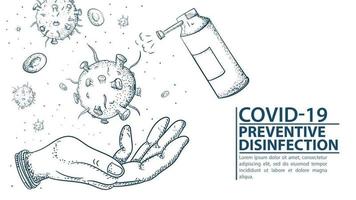 mão humana com banner de desinfecção de moléculas de coronavírus covid-19 vetor