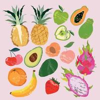 uma conjunto do bagas e frutas. vetor ilustração. mamão, morango, maçã, abacaxi, damasco, cereja, etc.