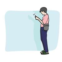 linha arte lado Visão do cheio comprimento homem usando Smartphone ilustração vetor mão desenhado isolado em branco fundo