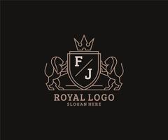 modelo de logotipo de luxo real de leão de letra fj inicial em arte vetorial para restaurante, realeza, boutique, café, hotel, heráldica, joias, moda e outras ilustrações vetoriais. vetor