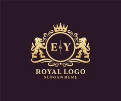 modelo de logotipo de luxo real de leão de letra inicial ey em arte vetorial para restaurante, realeza, boutique, café, hotel, heráldica, joias, moda e outras ilustrações vetoriais. vetor