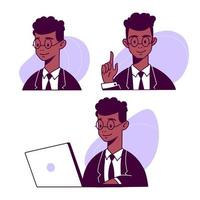 sorridente africano americano escritório trabalhador ou empresários sentado dentro uma ambiente de trabalho. isolado em branco fundo, mão desenhado vetor ilustração. desenho animado Preto homem o negócio personagem trabalhando para computador