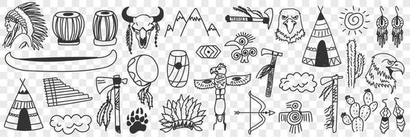 indiano tribo símbolos rabisco definir. coleção do mão desenhado vários sinais do indiano cultura tradicional espiritual elementos dentro linhas isolado em transparente fundo vetor