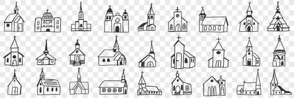 Igreja fachadas com torres rabisco definir. coleção do mão desenhado vários fachadas do religioso igrejas edifícios isolado em transparente fundo vetor