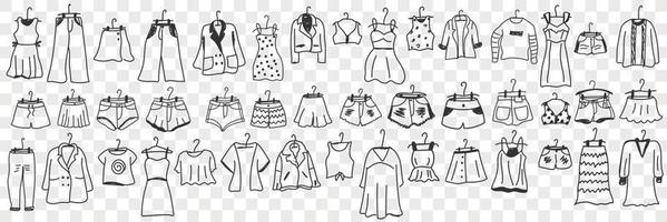 fêmea e masculino roupas equipamento rabisco definir. coleção do mão desenhado vestuário vestir calça Jaqueta bolsas calção Novo em cabides para vestindo ou compras isolado em transparente vetor