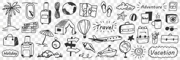 Férias e aventura rabisco definir. coleção do mão desenhado viajando atributos feriados avião bilhetes balão globo acampamento mala de viagem oculos de sol de praia isolado em transparente fundo vetor
