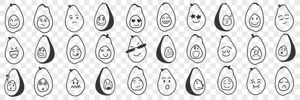 engraçado abacate emoji rabisco definir. coleção do mão desenhado vários abacate frutas com engraçado fofa rostos com vários expressões emoticon isolado em transparente fundo vetor