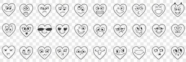 coração facial expressões rabisco definir. coleção do mão desenhado vários feliz e triste expressões em corações face dentro linhas isolado em transparente fundo vetor