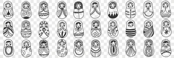 russo boneca matryoshka rabisco definir. coleção do mão desenhado vários russo tradicional nacional boneca matryoshka decorado com padrões isolado em transparente fundo vetor