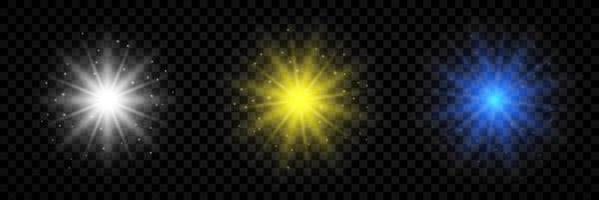 efeito de luz de reflexos de lente. conjunto de três luzes brilhantes brancas, amarelas e azuis efeitos starburst com brilhos vetor