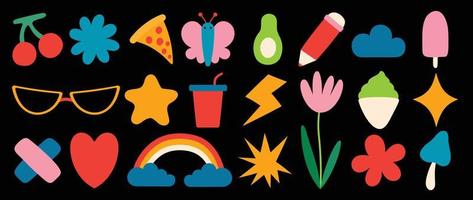 abstrato nuvem e flor formas vetor definir. cereja, arco-íris, pizza, estrela, borboleta dentro na moda retro Anos 70 desenho animado estilo. groovy contemporâneo estético vetor elemento para logotipo, decoração, adesivo.