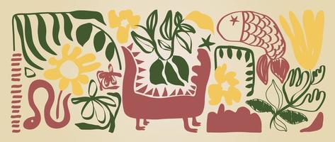 Matisse arte fundo vetor. abstrato natural mão desenhado padronizar Projeto com flores, folhas, peixe, serpente. simples contemporâneo estilo ilustrado Projeto para tecido, imprimir, cobrir, bandeira, papel de parede. vetor