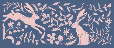 Matisse arte fundo vetor. abstrato natural mão desenhado padronizar Projeto com coelho, flor, folhas. simples contemporâneo estilo ilustrado Projeto para tecido, imprimir, cobrir, bandeira, papel de parede. vetor