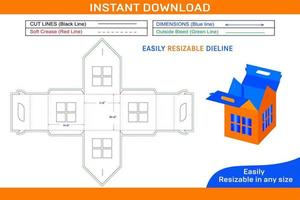 casa em forma Casamento Favor caixa com janela morrer cortar modelo caixa dieline e 3d caixa vetor