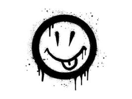 face com língua Fora emoticon personagem. spray pintado grafite sorrir face com língua Fora dentro Preto sobre branco. isolado em branco fundo. vetor ilustração