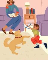 feliz família às lar, mãe, filho e a cachorro dentro a vivo sala. tarde às lar. acolhedor família cena ilustração. vetor ilustração