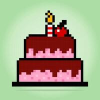 Bolo de aniversário de 8 bits pixel. item de comida para ativos de jogos em ilustração vetorial. vetor