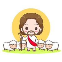 Jesus Cristo e a ovelha chibi desenho animado personagem vetor