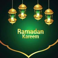 ramadan kareem ou eid mubarak em fundo verde com padrão árabe e lanterna vetor