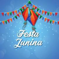 ilustração de festa junina com bandeira de festa colorida e lanterna de papel no fundo criativo vetor