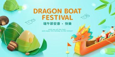 3d criativo duanwu festival bandeira com barco corrida concorrência e delicioso arroz dumplings. tradução, feliz Dragão barco festival vetor