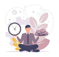 Tempo gerenciamento. ilustração do uma homem sentado segurando uma relógio dentro 1 mão, moedas dentro a de outros mão, em a fundo uma engrenagem, assistir, moedas, filial, folhas vetor