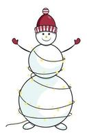boneco de neve dentro uma chapéu e luvas com uma festão. Novo ano personagem. vetor ilustração