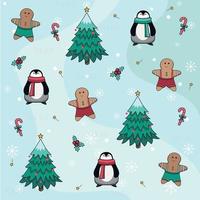 Natal fundo. Natal imagem com pinguins, abeto árvores, caramelos, azevinho. vetor. vetor