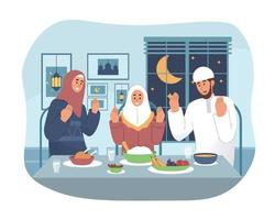 muçulmano família Rezar antes tendo iftar. Ramadã kareem plano desenho animado personagem ilustração vetor