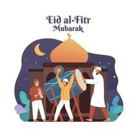 feliz muçulmano pessoas batendo tambor e a comemorar eid Mubarak vetor