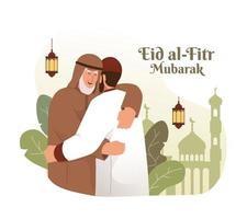muçulmano homem abraçando e desejando cada outro. eid al-fitr Mubarak plano desenho animado personagem ilustração vetor