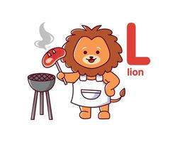 uma leão assados uma bife. churrasco com selvagem animal. fofa animal. vetor ilustração alfabeto