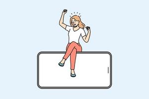 sorridente mulher sentado em enorme celular com brincar tela. animado fêmea cliente em Smartphone com esvaziar em branco mostrar. acordo ou venda recomendação. anúncio. vetor ilustração.