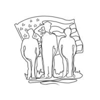 1 linha feliz veteranos dia minimalista contínuo lineart vetor ilustração. americano soldados saudando silhuetas, americano bandeira.