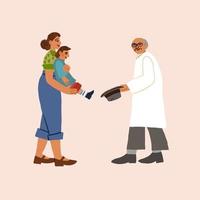 médico encontro, mãe, criança e a pediatra. de repente acidente às médico encontro. vetor ilustração