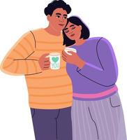 fofa casal plano ilustração isolado em uma branco fundo. homem e mulher abraçando e tendo uma bebida. uma conceito do hygge estilo de vida. vetor