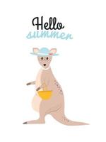 ilustração com uma canguru dentro uma chapéu com uma cesta e a inscrição Olá verão. uma impressão com a palavras Olá verão e uma canguru dentro uma chapéu com uma vime cesta vetor