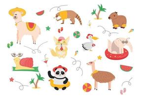 ilustração do animais em uma verão período de férias. uma Caracol com óculos em a tapete, uma lhama dentro uma chapéu, uma panda dentro uma chapéu com uma borracha anel, uma guanaco com uma bola, a tamanduá com uma natação círculo vetor
