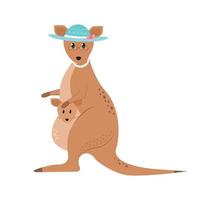 ilustração do a animal canguru dentro uma chapéu com uma canguru dentro uma bolsa. canguru personagem com bebê dentro saco vetor