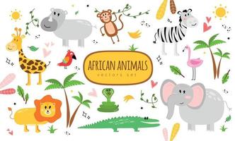 ilustração com animais e a inscrição africano animais vetor definir. ilustração com uma zebra, rinoceronte, flamingo, crocodilo, elefante, cobra, leão, papagaio, macaco, girafa.