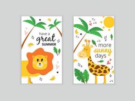 conjunto do cartões com uma leão e uma girafa. ilustração com uma leão, Palma folha, bananas e a inscrição Boa verão. cumprimento cartão Mais ensolarado dias com uma girafa. vetor