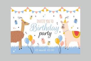 vetor ilustração convite cartão com guanaco e alpaca animais dentro feriado cápsulas, presente caixas, feriado flâmulas, balões, convite você para aniversário festa letras, corações, estrelas, rabisco