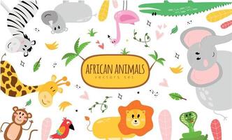 ilustração com animais e a inscrição africano animais vetor definir. ilustração com uma zebra, rinoceronte, flamingo, crocodilo, elefante, cobra, leão, papagaio, macaco, girafa.